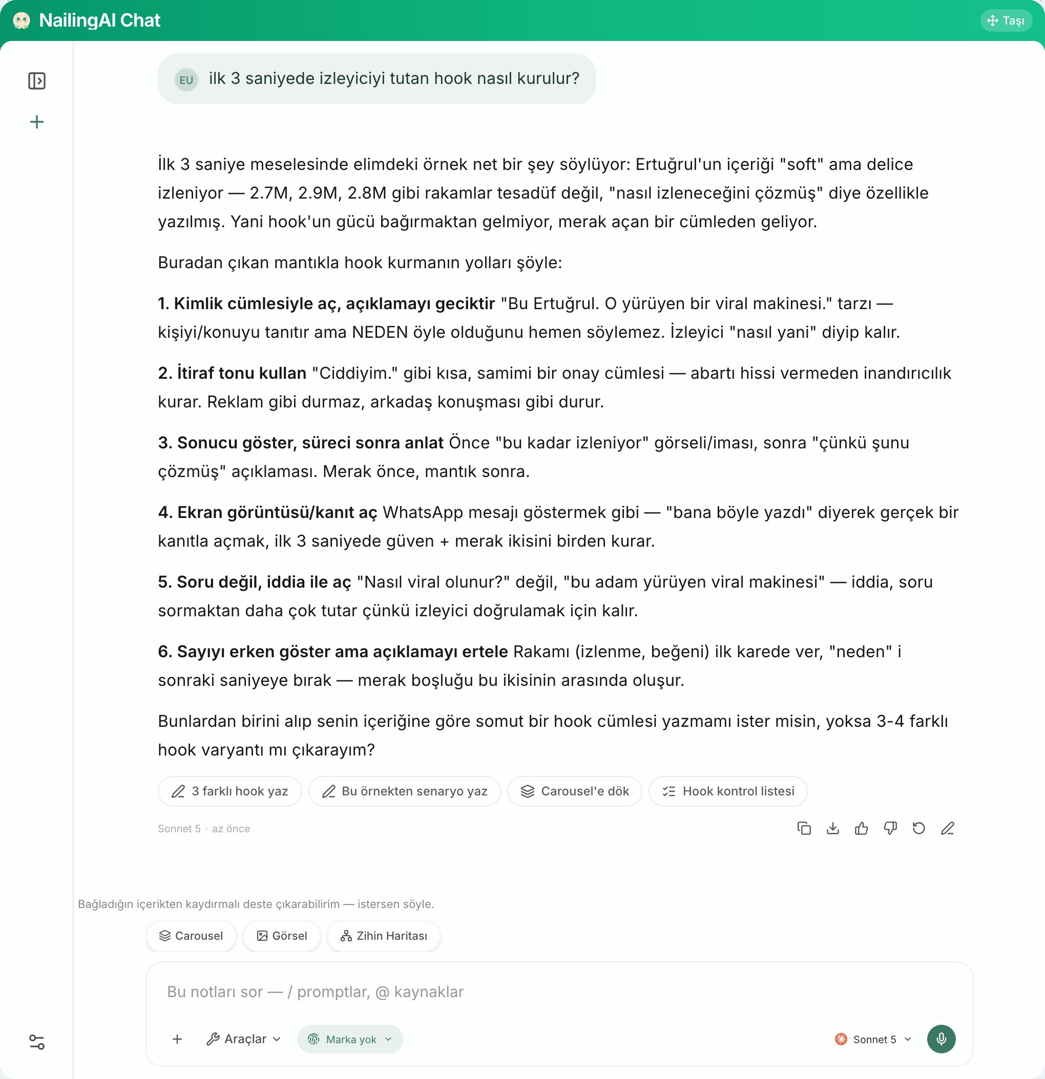 Nailing Chat: soru, altı maddelik cevap, takip önerileri ve yazı alanı — ürünün kendi ekranı